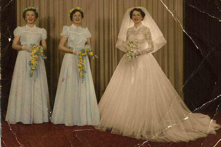digital photo restoration wedding photo with creases before